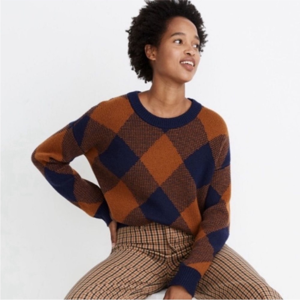 Madewell Mullen Pullover Sweater in Plaid Blue Brown